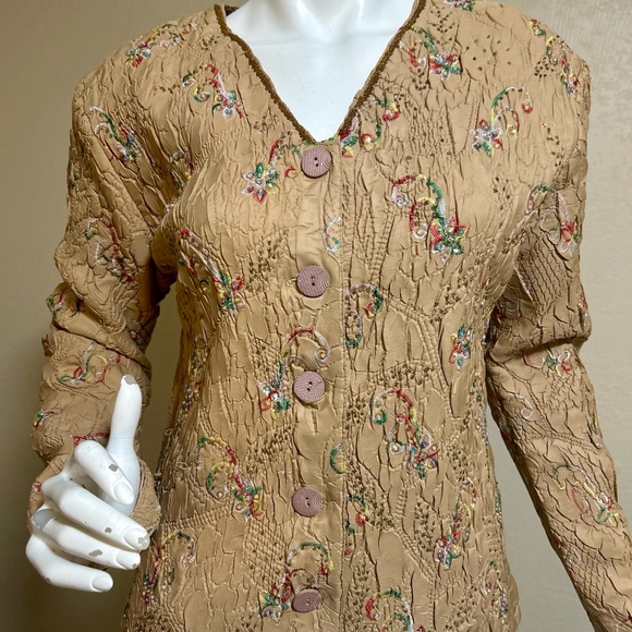 Vintage DB Sport Beaded & Sequin Crinkle Jacket Beige, Embroidered, Sz M - Picture 2 of 16